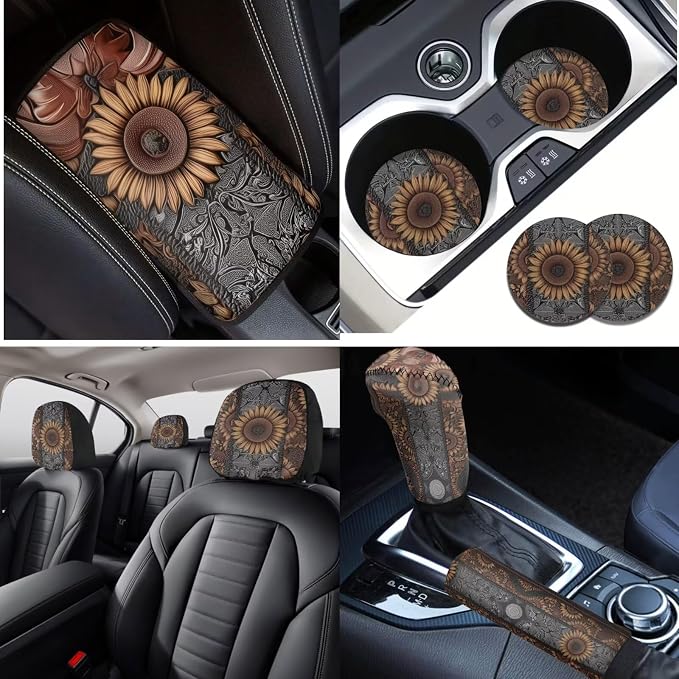 Lotusorchid Sunflower Print Car Seat Cover Set of 16, Anti-Dust Car Front Back Seat Covers and Gear Shift Knob Cover, Universal Fit Carseat Covers Combo Set for Man Women