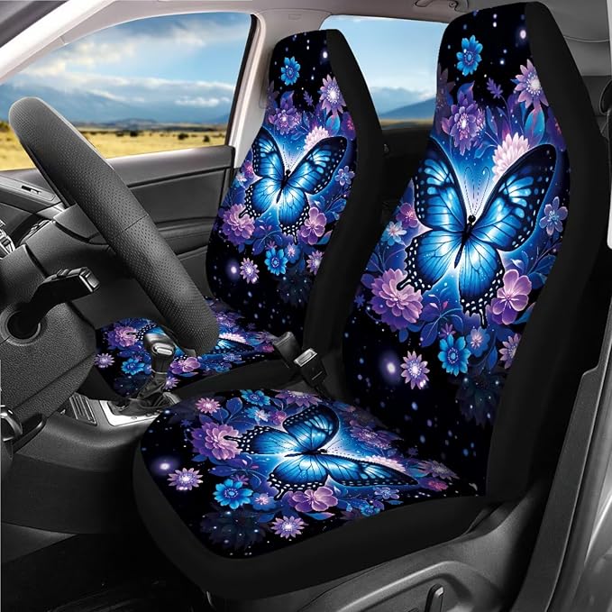 Mandala lotus Butterfly Car Seat Covers Full Sets 18 Pack Butterfly Car Interior Accessories Set with Steering Wheel Cover Auto Trash Can Car Headrest Covers for Women Belt Pads,Universal Fit
