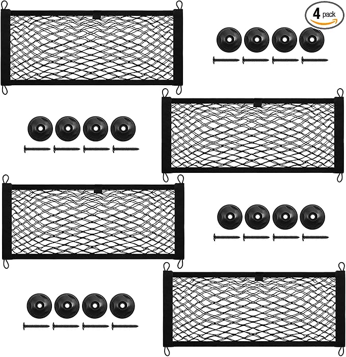 [4 Pack] Cargo Storage Net, 23.6x9.8'', DEDC Cargo Net Pocket, Universal Accessories Elastic Automotive Large Cargo Net Storage Mesh Pocket with 16 Mounting Screws, Hooks for Truck Car SUV Boats