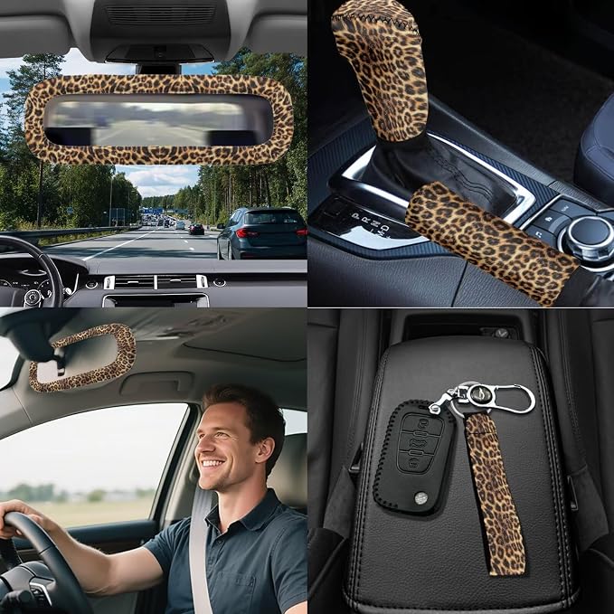 18 Pcs Car Seat Covers Full Sets Leopard Print Car Interior Accessories Sets with Cheetah Car Seat Belt Pads Cover Car Headrest Covers Auto Trash Bag Steering Wheel Cover,Easy to Install