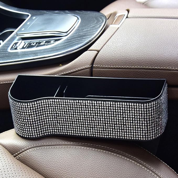 2 Pack Bling Bling Car Seat Organizer Front Seat Gap Filler with Crystal Rhinestones Diamond, PU Leather Car Seat Console Storage Organizer for Car Interior Accessories (2 Pack)