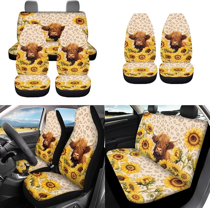 Highland Cow Sunflower Seat Cover for Car,12 Pack Auto Front Back Seat Covers Interior Protection with Auto Steering Wheel Cover Safety Seatbelt Pads Keychain for All Cars SUV Truck