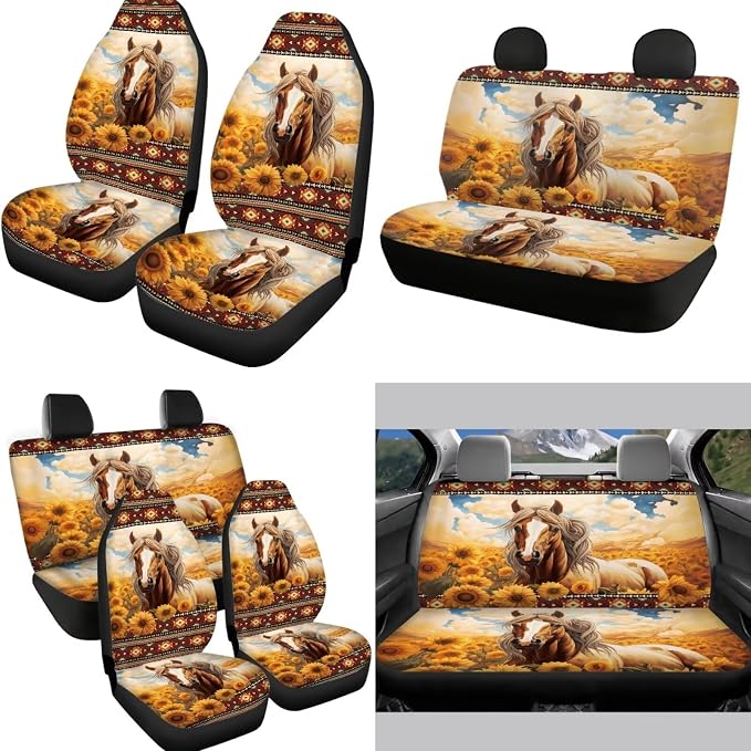 12 Pcs Aztec Horse Car Seat Cover Full Set,Southwestern Tribal Native Aztec Seat Cover Front and Back Set,Universal Fit Sunflower Auto Steering Wheel Wrap,Coaster,Armrest,Keychain for Women
