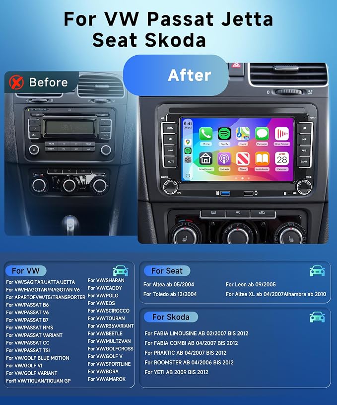5G WiFi Android 15 Car Radio for VW Passat Jetta Golf Touran Seat Golf Beetle Car Stereo with Wireless Carplay Android Auto,7 inch IPS Touch Scree FM/RDS GPS AHD Backup Camera
