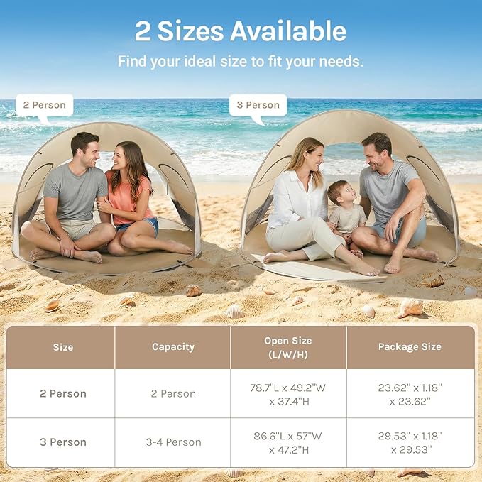 Wolfwise Pop up Beach Tent Sun Shelter with UPF50+ UV Protection, Instant Easy Setup Popup Beach Shade Canopy for 3 Person, Portable & Foldable with Carring Bag, 87 ×57×47 in, Beige