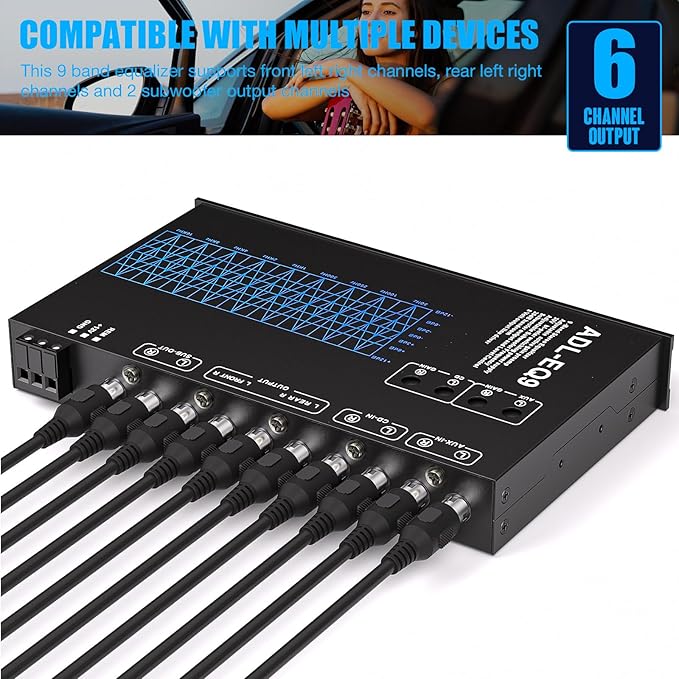 Facmogu 9-Band Car Audio Equalizer, Car Graphic Equalizer EQ W/Front, Rear + Sub Output, 8V RMS Line Driver, Adjustable Audio Output for Car, Boat, W/CD/AUX Input Select & White Light Illumination