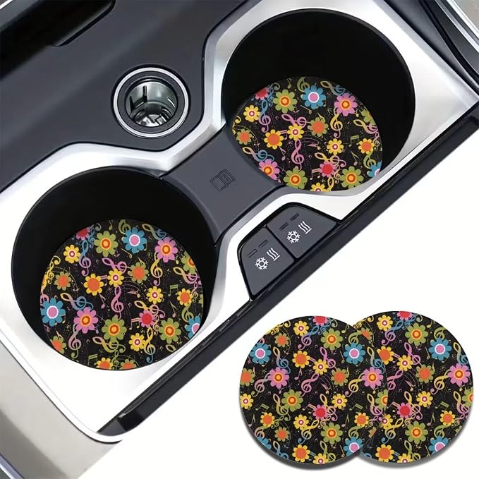 Music Note Car Accessories Rainbow Musical Auto Seat Covers for Front Back,Rainbow Boho Hippie Floral Car Steering Wheel Covers Keychains Safety Seatbelt Coasters Protection Set for Women