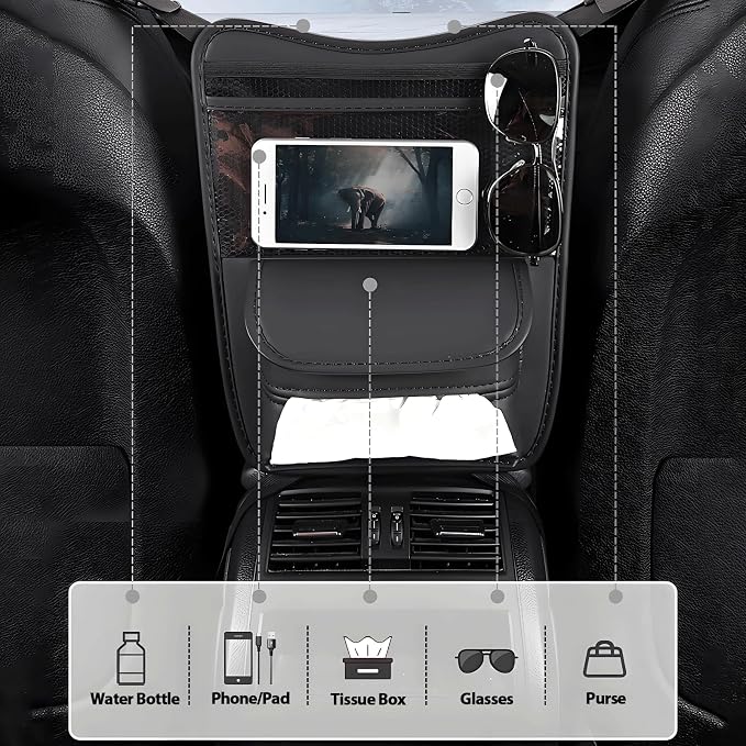 Car Organizer Storage Between Seats, Premium Leather Car Storage Bag Pocket Handbags Purse Holder with Tissue Box, Touch Screen Phone Holder, Console Front Seat Storage Barrier (Brown)
