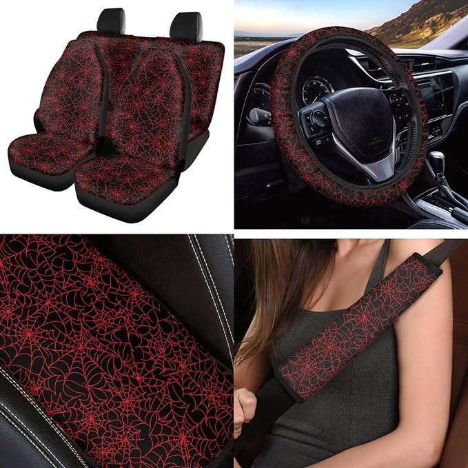 Halloween Spider Web 12 Pack Car Seat Covers Full Set with Auto Seat Belt Cover Car Armrest Cushion Cars Cup Coasters Steering Wheel Cover Universal Fit Most Cars SUV