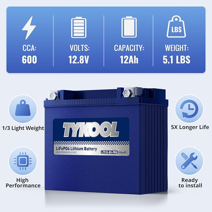 TYKOOL LFP20-BS-PRO Lithium Battery, Replaces YTX20-BS YTX20H-BS GYZ20H, 650CCA 12Ah fits for Indian Chief Scout Arctic Cat Alterra ZR 8000 Yamaha SR Viper Moto Guzzi California, Digital Readout [+ -]