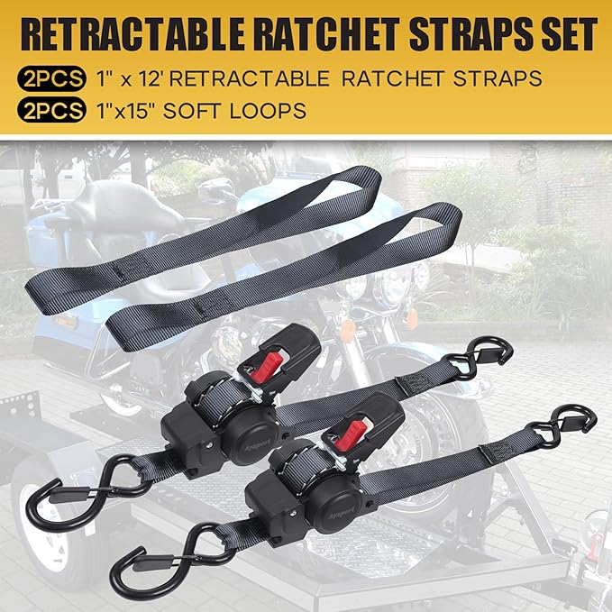 Ayaport Retractable Ratchet Straps 1in X 12ft(2PK)-1500lb Break Strength, Heavy Duty Ratchet Straps Self Retractable Tie Downs with Soft Loops for Motorcycle, Dirt Bike, Cargo, Truck Accessories
