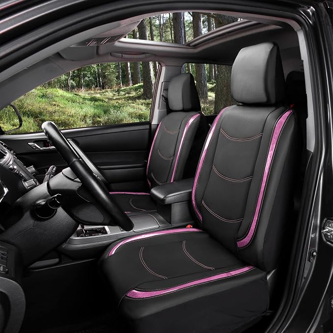 FH Group Galaxy13 Metallic Striped Deluxe Leatherette Car Seat Covers with Matching Carpet Floor Mats – Full Set, Universal Fit, Airbag Compatible for Cars, SUVs & Sedans, Pink