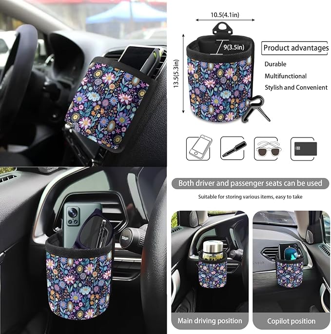 Boho Floral Print Car Seat Cover Sets Car Steering Wheel Cover Seat Belt Cover Trash Bin Air Vent Storage Box Front Rear View Mirror Car Cup Holder Keychain 15Pcs Car Accessories