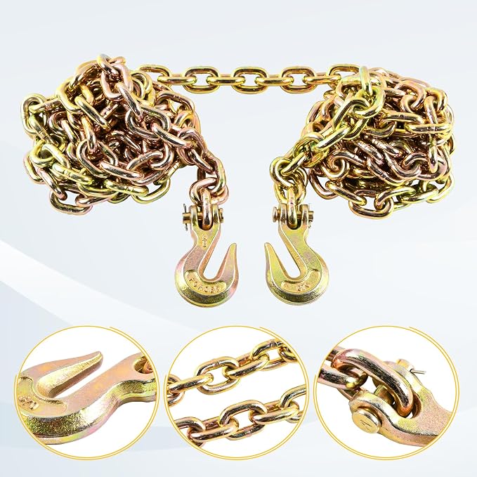 3/8" x 20 FT G70 Transport Tow Chain with Grab Hooks 6600 Lbs Working Load for Transport Tie Down Binder Chain Flatbed Truck Trailer