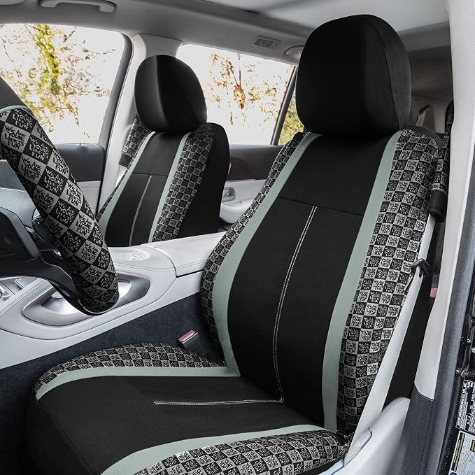 We Are Young Life is Fun™ Checker Car Seat Covers Universal Fit Interior Accessories Full Set Gray Seat Cover Combo Steering Wheel Cover and Seat Belt Pads, Airbag and Split Rear Car Seat Covers