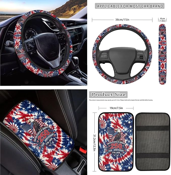 Eagle American Flag Print Car Front Rear Seat Covers Tie Dye Print Car Interior Covers Set Includes Steering Wheel Cover Safety Belt Pads Center Console Pad 250 Year Auto Decor