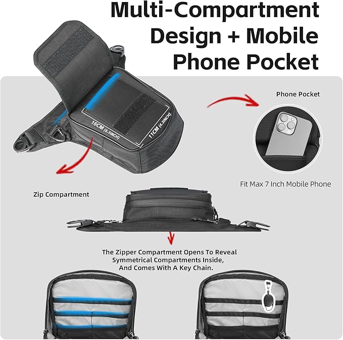 Rhinowalk Magnetic Motorcycle Tank Bag 2.4L Fuel Tank Bag with Phone Pocket Converts to Leg Waist Chest Bag Includes Straps & Rain Cover Universal Motorbike Accessories (With Magnetic)