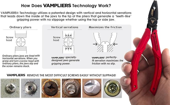 VAMPLIERS BRUTE 6.25" Stripped Screw Extractor Pliers. Made in Japan. Black Oxide Finish. Multipurpose Screw Removal Tool for Damaged/Stuck Screws & Fasteners.