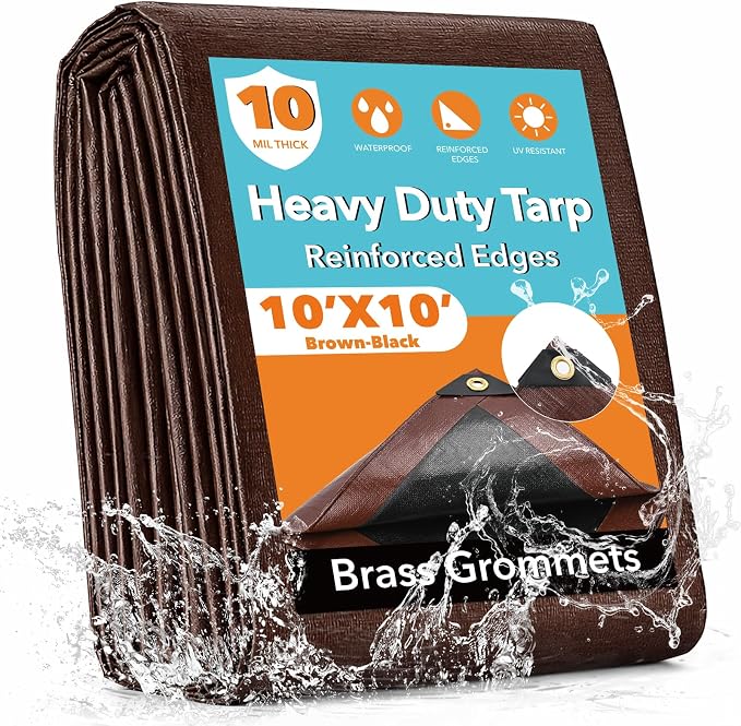 10x10FT Waterproof Tarp, Yumatum 10 Mil Heavy Duty Tarps with Reinforced Edges/Brass Grommets, 100% UV Blocking/Tear Resistant Poly Tarp for Camping, Patio, Tent, Boat(Brown/Black)