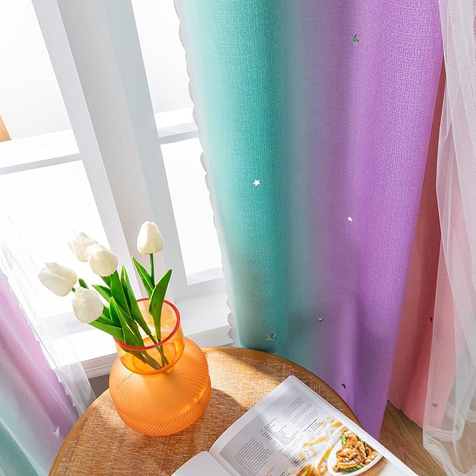 XiDi Blackout Curtains for Girls Bedroom Kids Room Unicorn Wall Decor Ombre Curtain Princess Theme Home Decor 72 inches Length Colorful Rainbow Design 52 Wide 2 Panel Sets Pink/Purple/Green