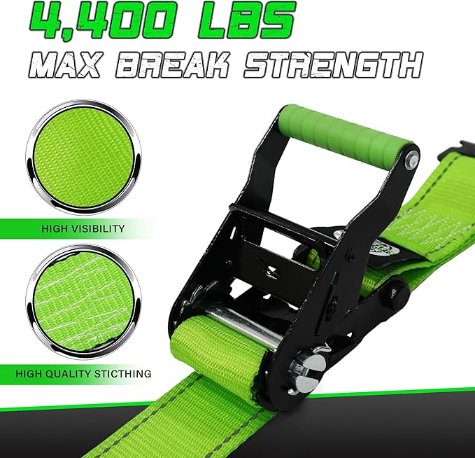 Heavy Duty Wheel Chock Tie Down Straps Set (4PK) - 4,400lb Guaranteed Max Break Strength, (2) 2" x 8' Trailer Tire Straps with (8) Wheel Chocks for ATV, UTV or Tractors