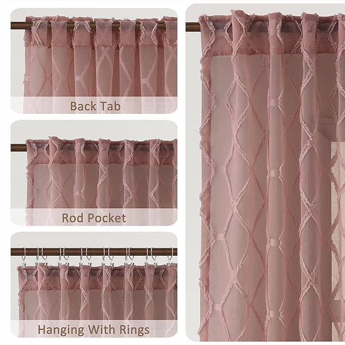Hokibero Canyon Rose Sheer Curtains 84 Inch Length for Living Room 2 Panels Back Tab Boho Farmhouse Drapes Light Filtering Privacy Embroiderd Textured Rustic Curtain for Dining Room Bedroom 52x84