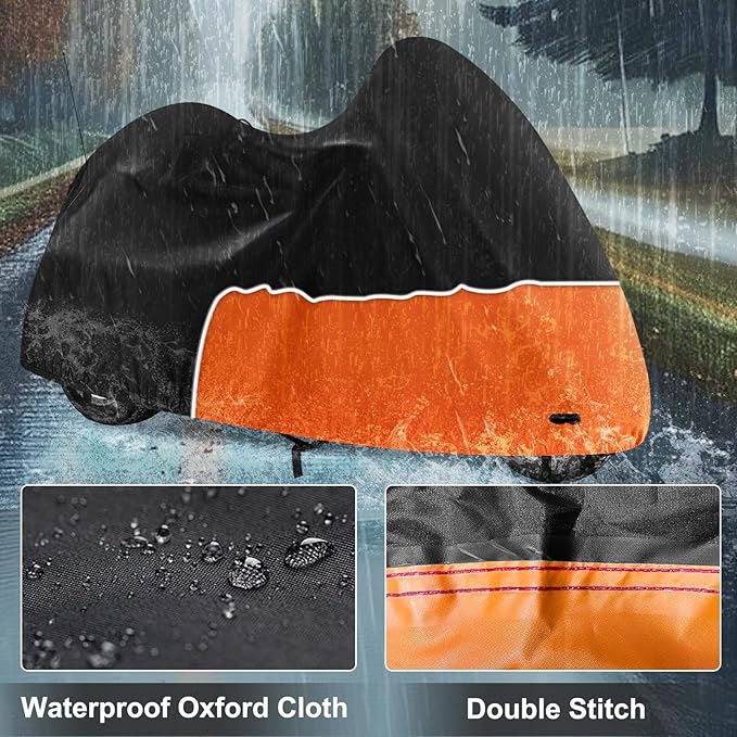 Trike Cover, Waterproof 3 Wheel Motorcycle Cover for Harley Davidson, Honda Goldwing, Kawasaki Trike Accessories, with Windproof Buckle, Reflective Strap, Black&Orange