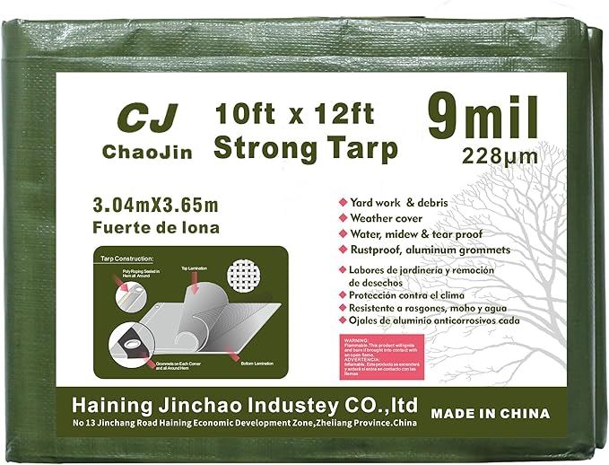 Tarp Waterproof Super Heavy Duty Tarps Cover UV Protection Rip and Tear Proof Tarpaulin with Grommets for Emergency Rain Shelter Camping Tarpaulin (9 Mil,10'x12') Military Green