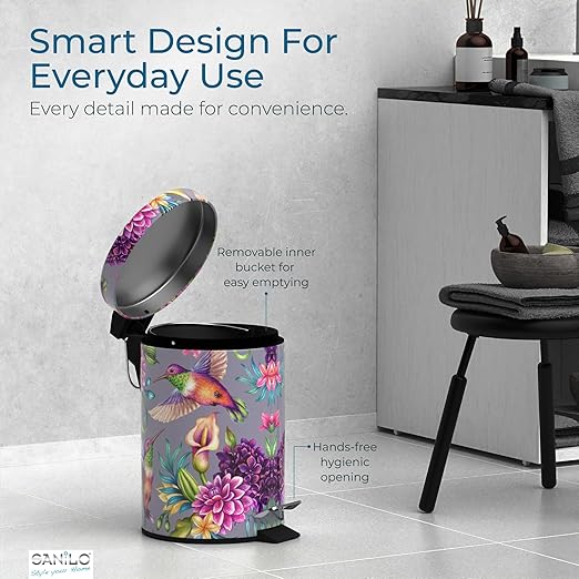 Sanilo Small Bathroom Trash Can with Lid [1.3 Gallon] - Lidded Tiny Trashcan for Garbage - Mini Metal Bin with Soft Closing Mechanism - Bath Room Accessoire Wastebin with Inner Bucket (Hummingbird)