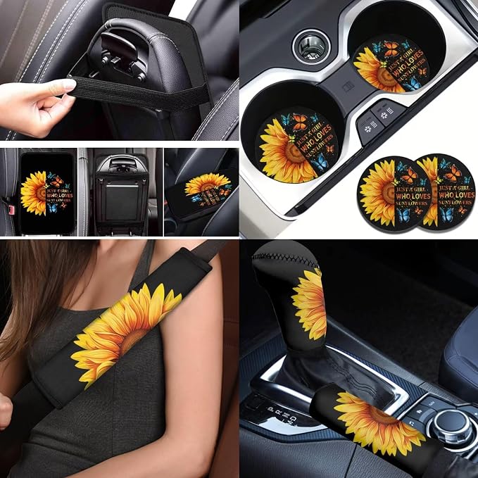 BIGCARJOB Sunflower Print Seat Covers Set for Car Front Rear 12 Pcs Art Sunflower Print Car Seat Cover Full Set with Steering Wheel Covers,Seat Belt Cover,Armrest Pads