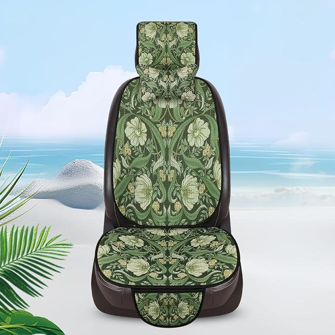 Car Seat Covers,Green Floral William Morris Desgin,Breathable 3D Air Fabric Automotive Seat Cushions, Vintage Boho Aesthetic Interior Accessories, Universal Fit, Machine Washable