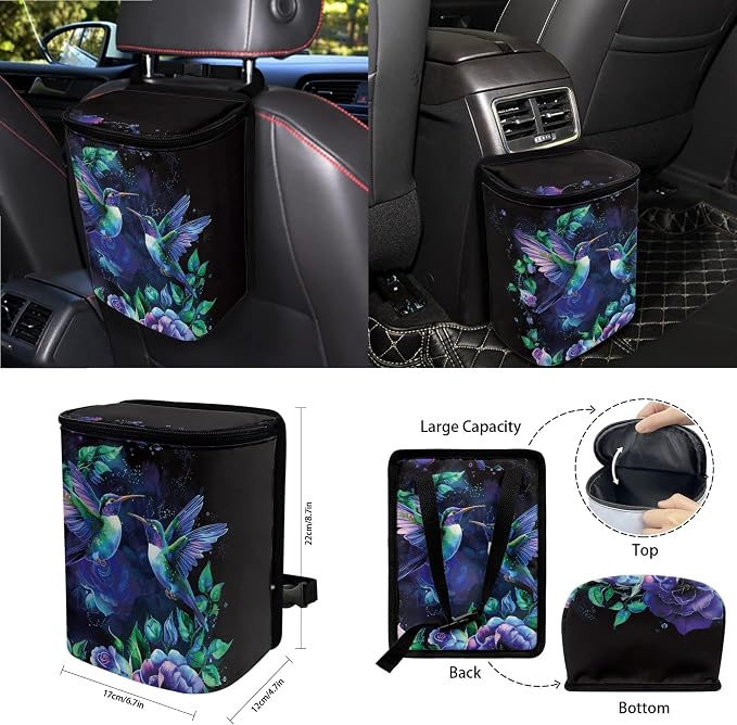 Hummingbird Floral Print Car Seat Cover Set of 15 Steering Wheel Cover Seatbelt Strap Pad Trash Cans Rearview Mirror Covers Air Vent Storage Holder Coasters Keychain Universal Fit