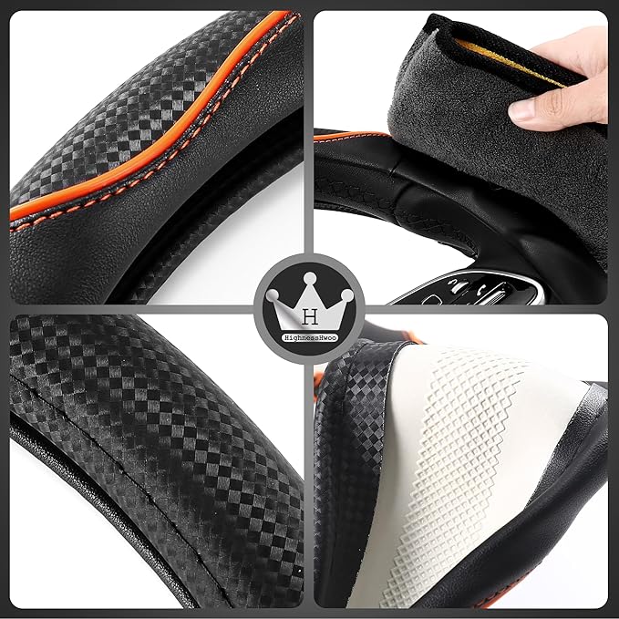 HighnessHwoo 3D Car Steering Wheel Cover Comfort Grip Massage Sporty Anti-Slip Carbon Fiber Faux Leather for Sedan SUV, Universal Fit, Car Handle Covers for All Seasons, 14.75-15.15in, Orange