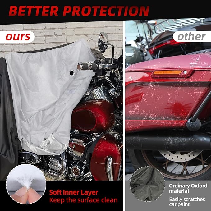 600D Motorcycle Cover, Heavy Duty Waterproof Motorcycle Covers Outdoor Storage with Lock-Holes Compatible with Harley Davidson, Honda, Suzuki, Yamaha (Side+Top Box)