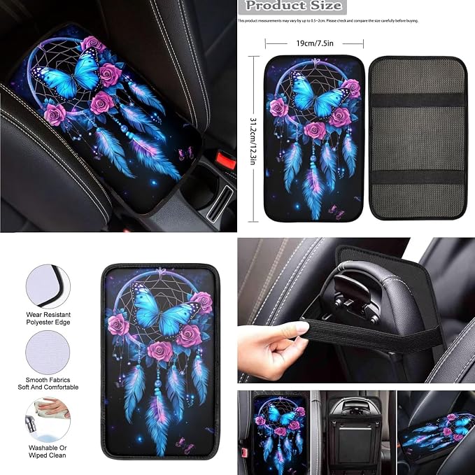 Dream Catcher 8 Pcs Butterfly Rose Car Seat Covers Full Set Car Accessories for Women Front Seat Cover Steering Wheel Armrest Cover Seat Belt Cover for Auto SUV Interior Decoration