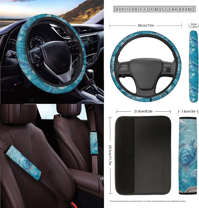 Turtle Shell Print Universal Fit Car Seat Cover Set Seatbelt Strap Pad Steering Wheel Covers Air Vent Storage Holder Trash Cans Cup Coasters Rearview Mirror Cover Keychain, 15 Pieces