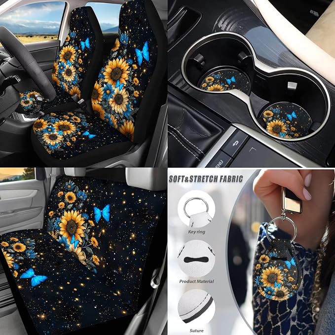 Butterfly Car Seat Covers Full Sets of 17Pack,Sunflower Car Accessories Sets with Seat Belt Shoulder Pad,Steering Wheel Car Covers,Cup Coasters,Butterfly Car Floor Mats Set of 4,Universal Fit