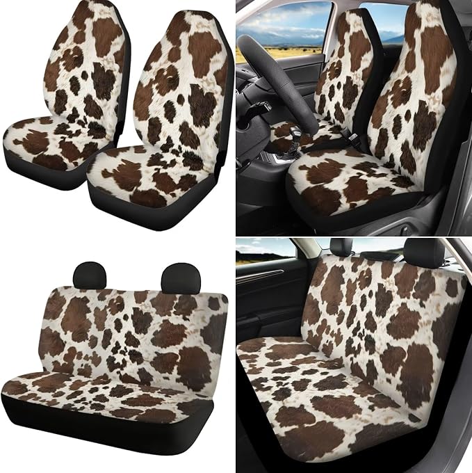 Brown Cow Print Car Seat Covers Full Set Steering Wheel Cover Set of 18 Universal Handbrake Cover,Center Console Cushion,Headrest Protector,Seat Belt Pad,Cup Holder Coaster and Keychain
