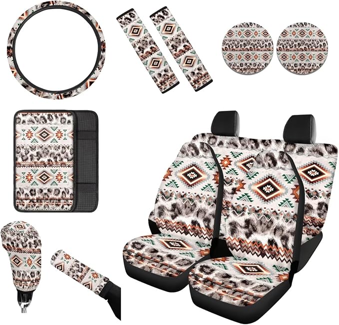 Wanyint 12 PCS Car Seat Cover Set for Women, with Non-Slip Steering Wheel Seatbelt Strap Shoulder Armrest Pad Handbrake Gear Shift Knob Cover Coasters, Aztec Navajo Leopard Print