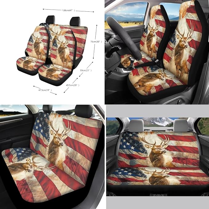 Xoenoiee American Flag Hunting Deer Pattern 11 Pcs Car Accessories Seat Cover Full Set, Steering Wheel Cover, Front & Rear Seat Cover, Seat Belt Pads, Cup Coaster, Key Chains - Universal Fit
