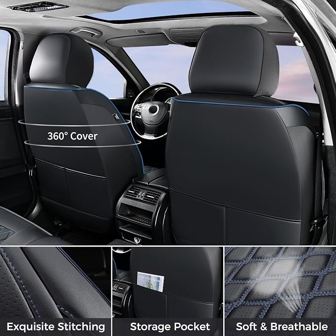 Huidasource 2007-2017 Wrangler JK Seat Covers 2 Door, Waterproof Leather Seat Cover Custom Fit for Jeep Wrangler JK 2-Door Rubicon Sahara Sport, for Single Bench Back Seat (Full Set/Blue Line)