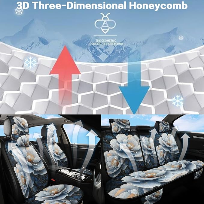 Luxury Boho Car Seat Covers Set,5-Seat Full Set with Headrest,White Peony Vintage Bohemian Floral Pattern Honeycomb Knit Fabric,Breathable&All-Season Universal Automotive Seat Protectors