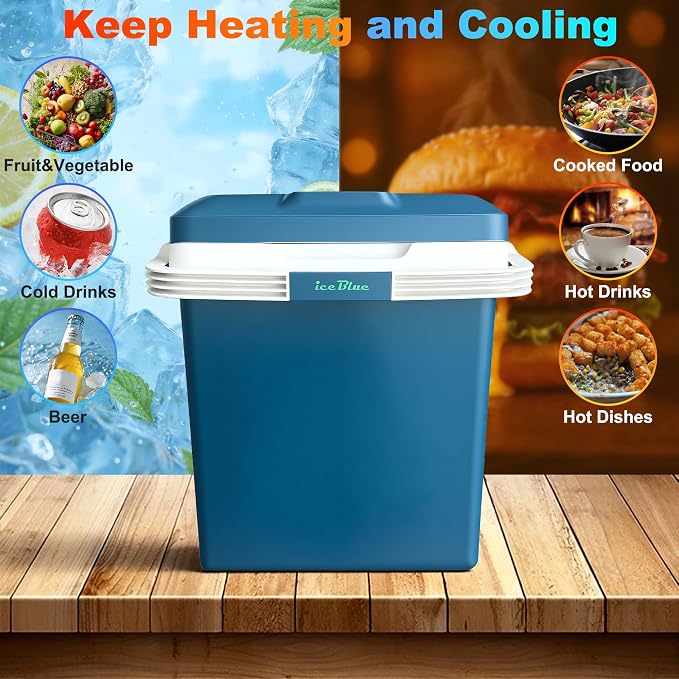Iceblue Electric Cooler, 26 Liters/28 Cans Mini Fridge with Automatic Locking Handle, 120V AC Home Power Cord & 12V Car Adapter Car Refrigerator, Car Fridge for Home, Car, Gift (Blue)