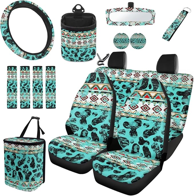 XYZCANDO Tribal Stripes Car Accessories Sets 15 PCS Car Seat Cover Set Steering Wheel Cover Garbage Bag Storage Box Rear View Mirror Cover Seat Belt Pads Cover Coasters Keychain Fit Most Cars