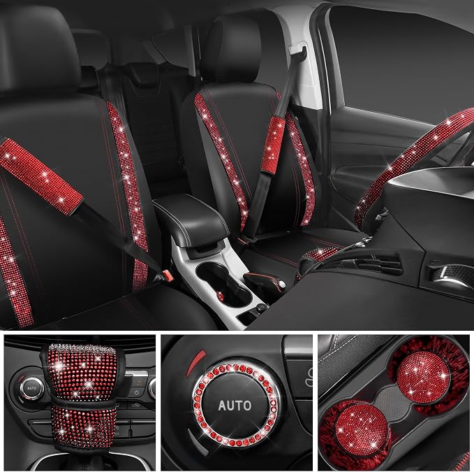 CAR PASS Diamond Bling Leather Seat Covers Set Car Floor Mats Glitter Rhinestone Steering Wheel and Car Interior Accessory Set for Women Red