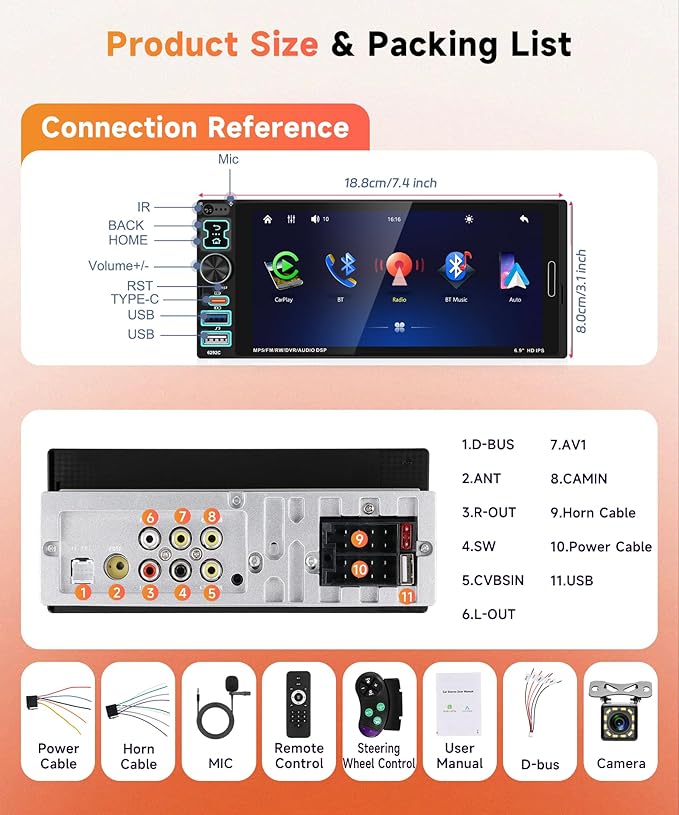 Car Stereo Single Din Wired Carplay Android Auto Car Radio with Bluetooth 5.2, Rimoody 6.9 inch Touch Screen Mirror Link FM/EQ USB-2/Type-C/SWC/MIC Car Audio Receiver with Backup Camera