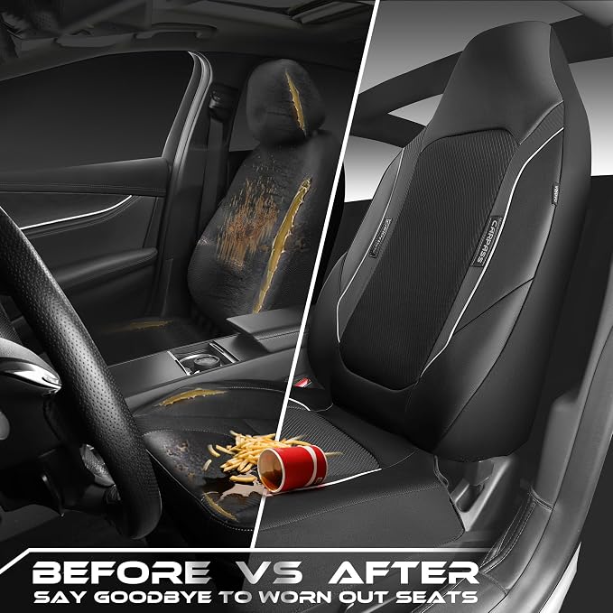 CAR PASS High Back Car Seat Cover Two Front Seats, Sporty Carbon Fiber 3D Waterproof Oxford Luxury Leather All Weather Bucket Seat Cover, Airbag Compatible Universal Fit Car Suv Sedan Truck Black Gray