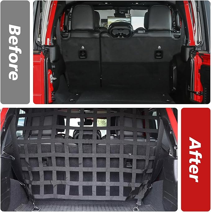 G Dog Barrier Rear Cargo Net Compatible with Jeep Wrangler Accessories JK JL Unlimited Sahara 4-Door 2007-2025, Safety Mesh Pet Divider for Medium, Large Pets, Easy to Install