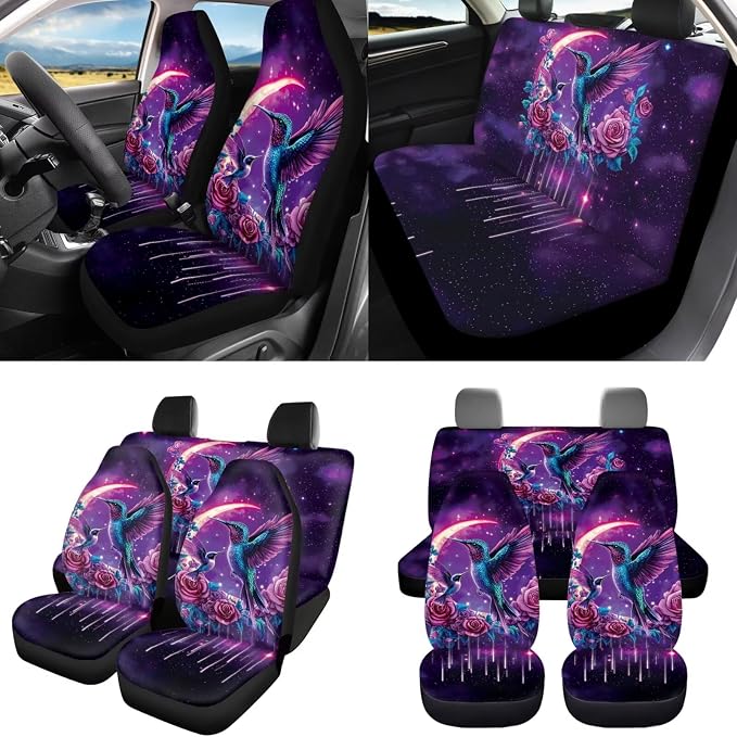 8 Pcs Moon Hummingbird Car Seat Covers Full Set Car Accessories for Women Front Seat Cover Steering Wheel Armrest Cover Seat Belt Cover for Auto SUV Interior Decoration