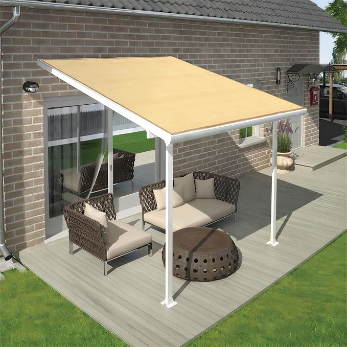 Shatex 90% Shade Fabric 12x 16ft Sun Shade Cloth Taped Edge with Grommets Sun-Block Mesh Shade for Pergola Cover Canopy Wheat, 12 Bungee Balls